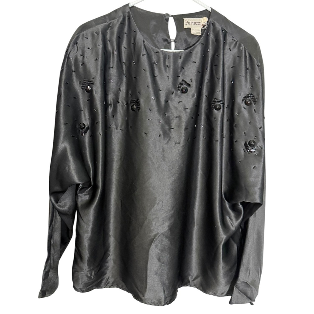 Personal 18 Black Satin Blouse Beaded Dolman Sleeve Keyhole Back Vintage 80s